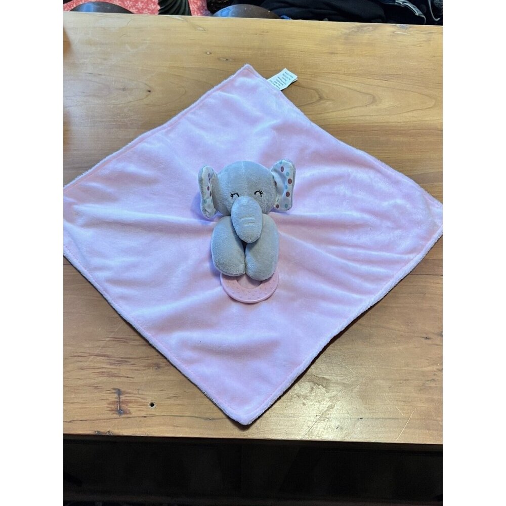 Forever Baby Elephant Lovey Pink Gray Security Blanket Teething Ring Plush Dots